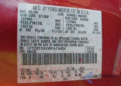 1998 Ford Ranger Splash/Xl/Xlt from USA, damaged, VIN 1FTZR15X4WPA74434